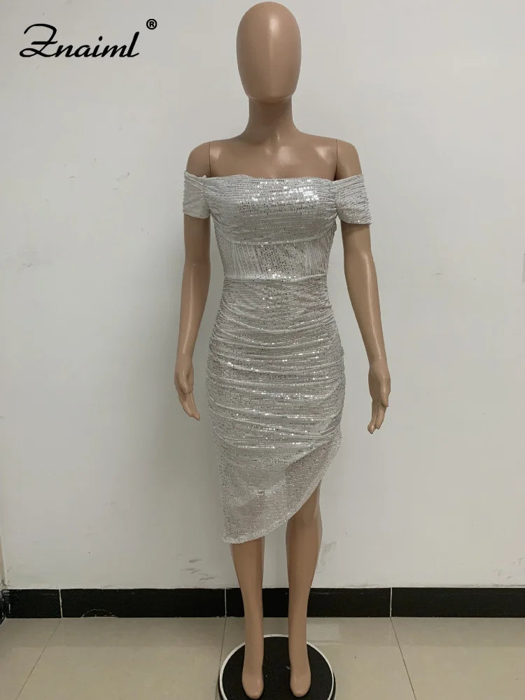 Virginia One Shoulder Bodycon Sparkly High Slit Midi Dresses