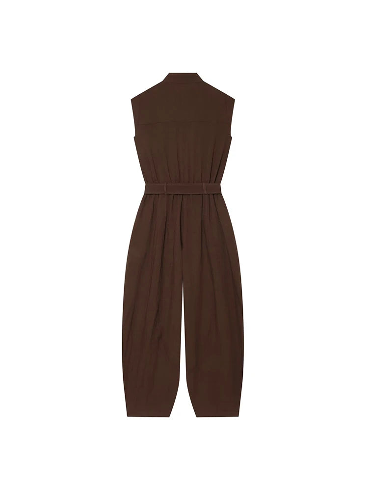 Women Long Jumpsuit 2026 Sleeveless Playsuits Elegant Solid Color Rompers Casual Stand Collar Belt Fashion Commuting Outfit