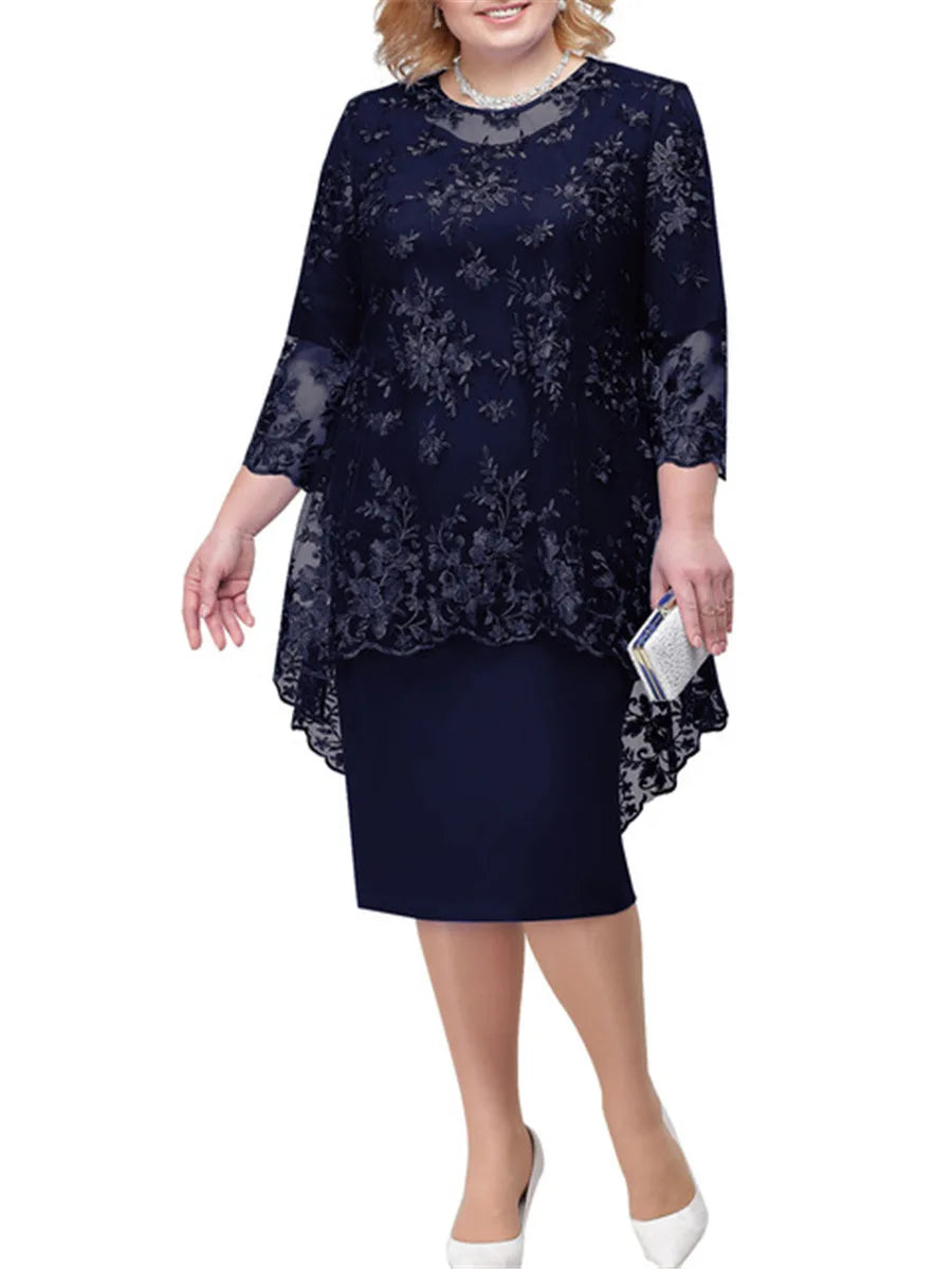 Jackson Plus Size Evening Gown Fashion Solid Color Round Neck High Waist Lace Embroidery Dress