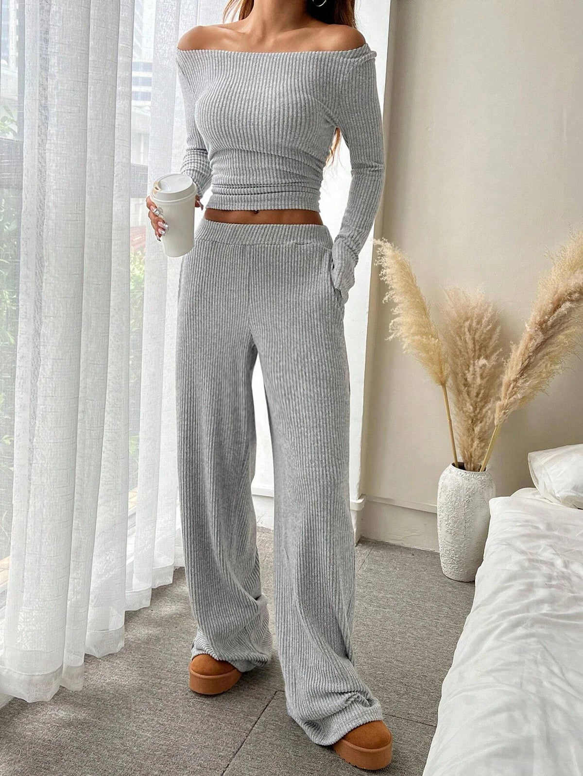 Ana Solid-Color Ribbed Loose-Fit Crew-Neck Two Piece Sets
