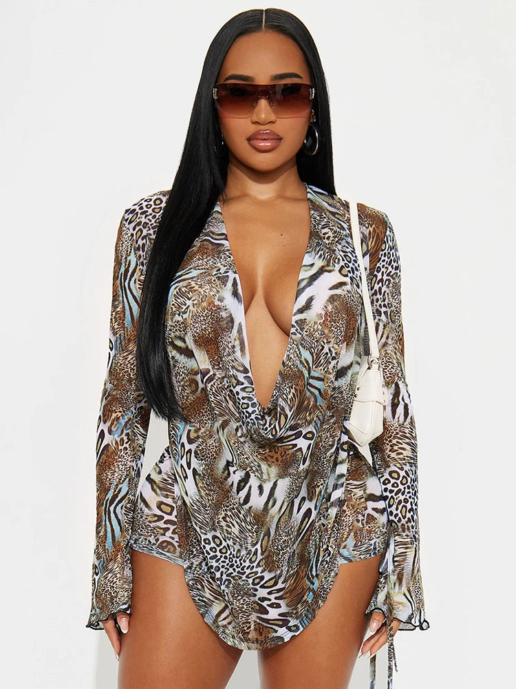 Chinatown Swing Collar Shirring Bell Sleeve Backless Sexy Stretch Leopard Print Suit