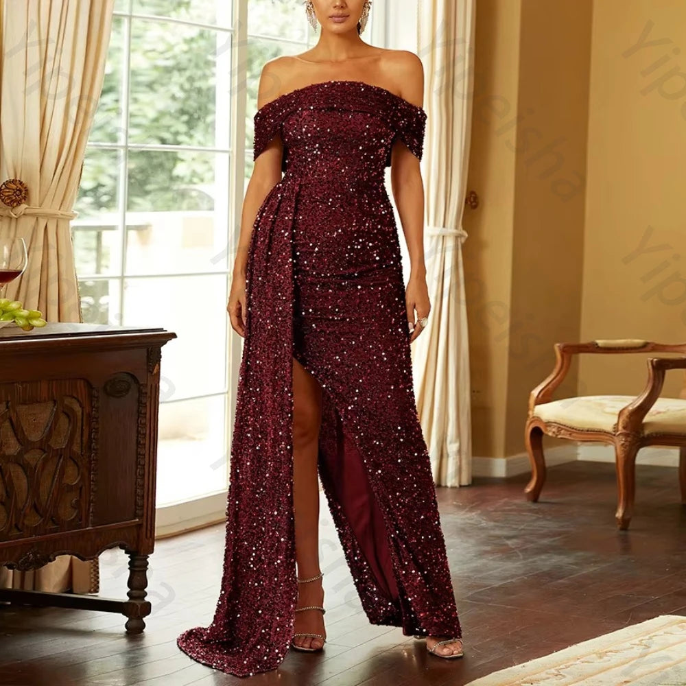 La Guaina Off Shoulder Short Sleeves Sequin Evening Elegant Side Slit Dress