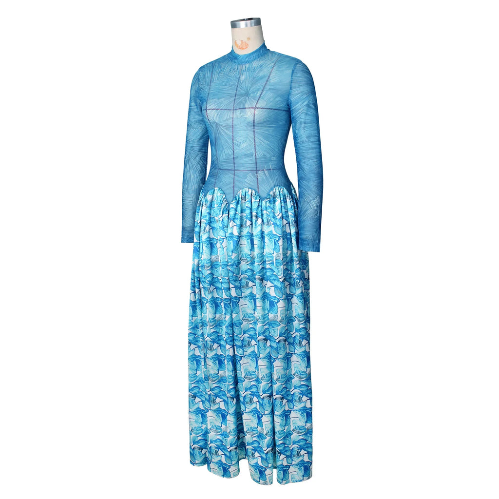Passaic O Neck Fashion Long Sleeve Flower Printed Maxi Dress