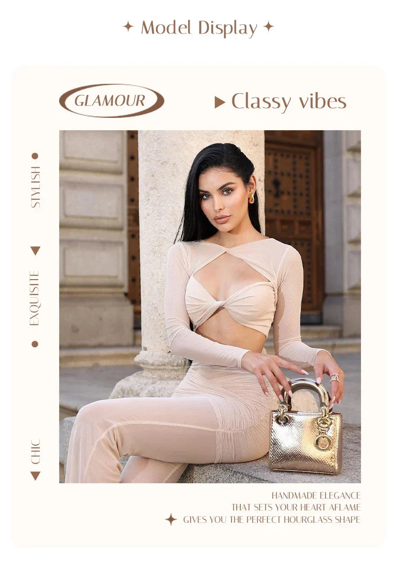 Williamsburg Mesh Fashion Street Wear Hollow Out Design Crop Set