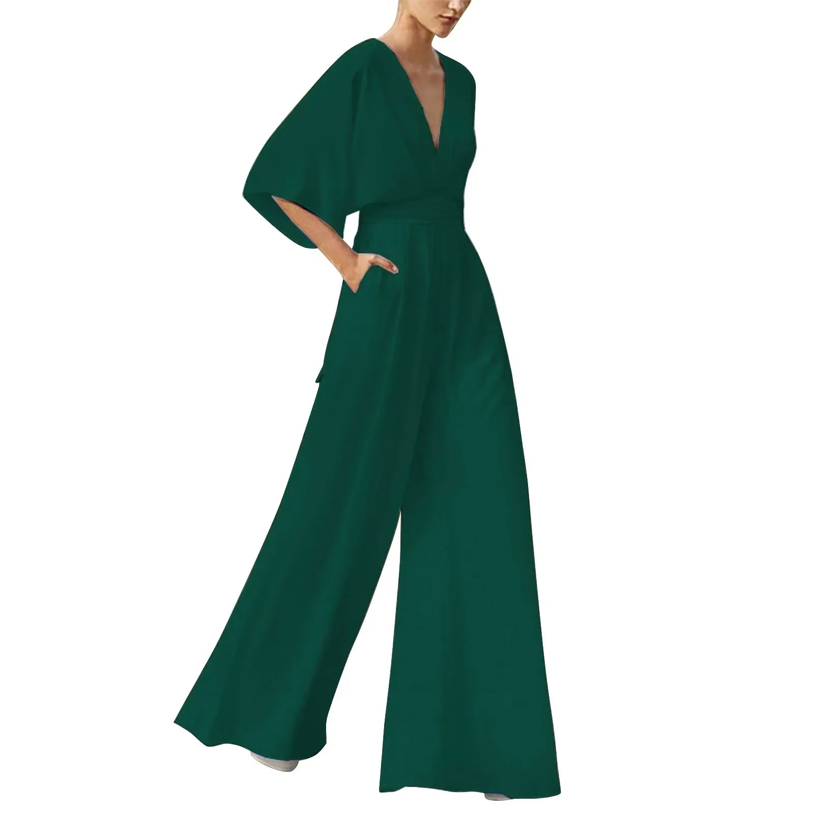 Deep V-Neck Half Solid Casual One-Piece