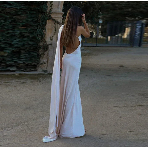 Meadville Elegant Ribbon Halter Solid Off Shoulder Sleeveless Backless Slim Maxi Dress