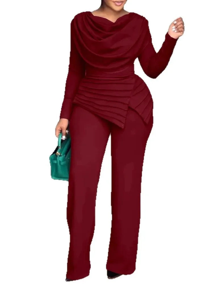 Birmingham Swing Collar Ruched Jumpsuit Long Sleeve Solid Elegant Color