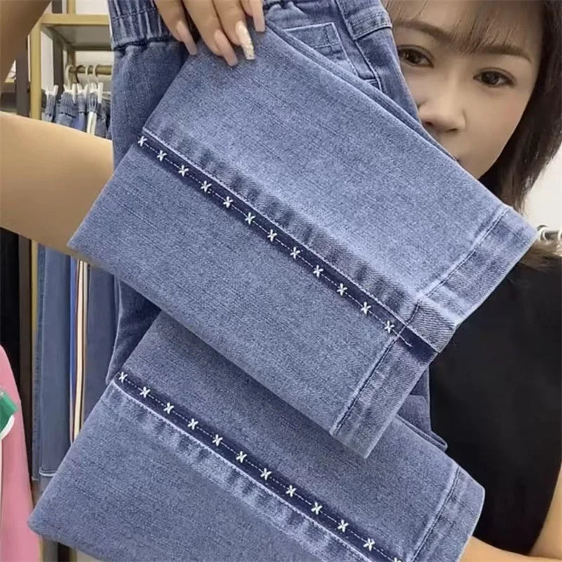 Fashion Women Jeans 2025 New Spring Autumn Korean Wild Elastic Waist Straight Denim