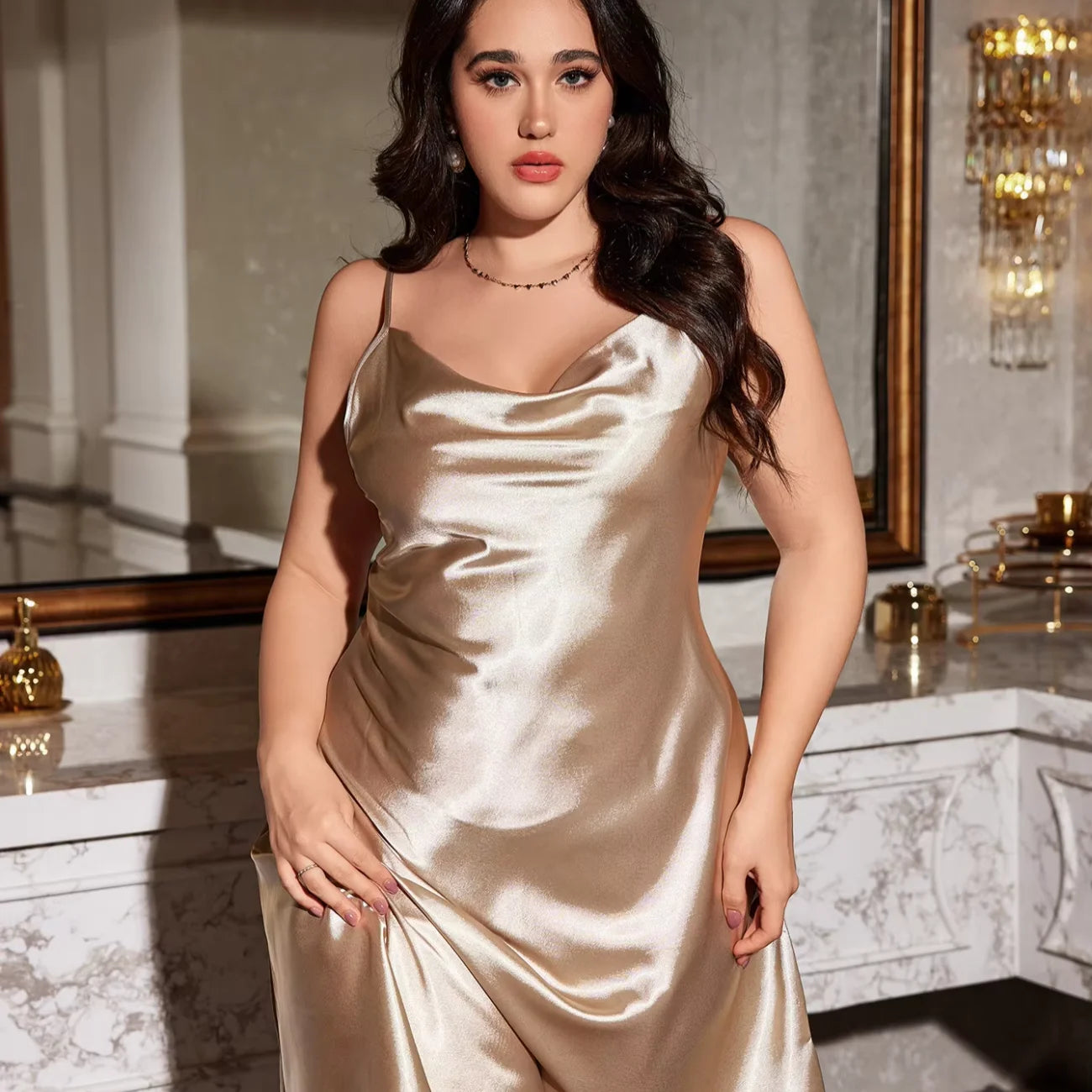 British Plus Size Soft Silk-Like Slip Sexy Printed Minimalist Loose Dress