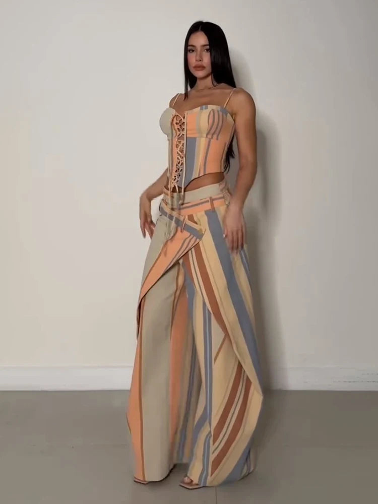 Sanely Patchwork Slash Neck Lace Up Two Piece Sets