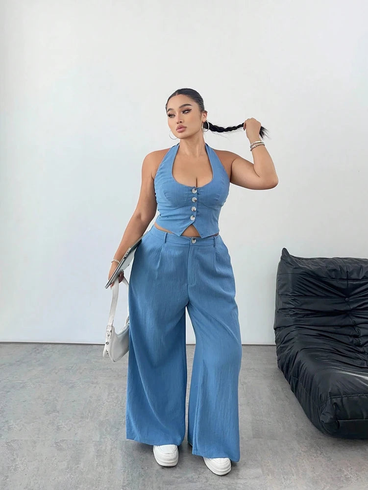 Pamela Plus Size Tie Neck and Casual Two Piece Sets