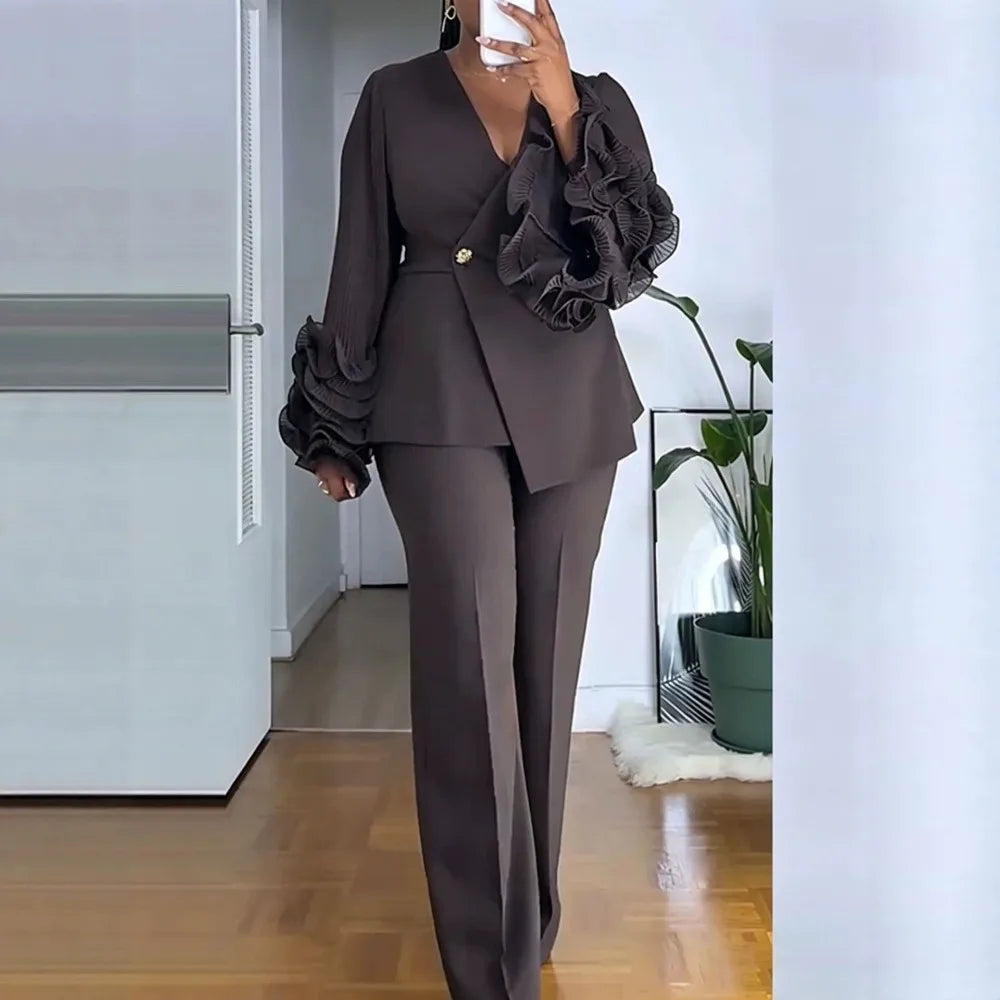 Mila Deep‑V Ruffle Long‑Sleeve Straight‑Leg Two Piece Sets