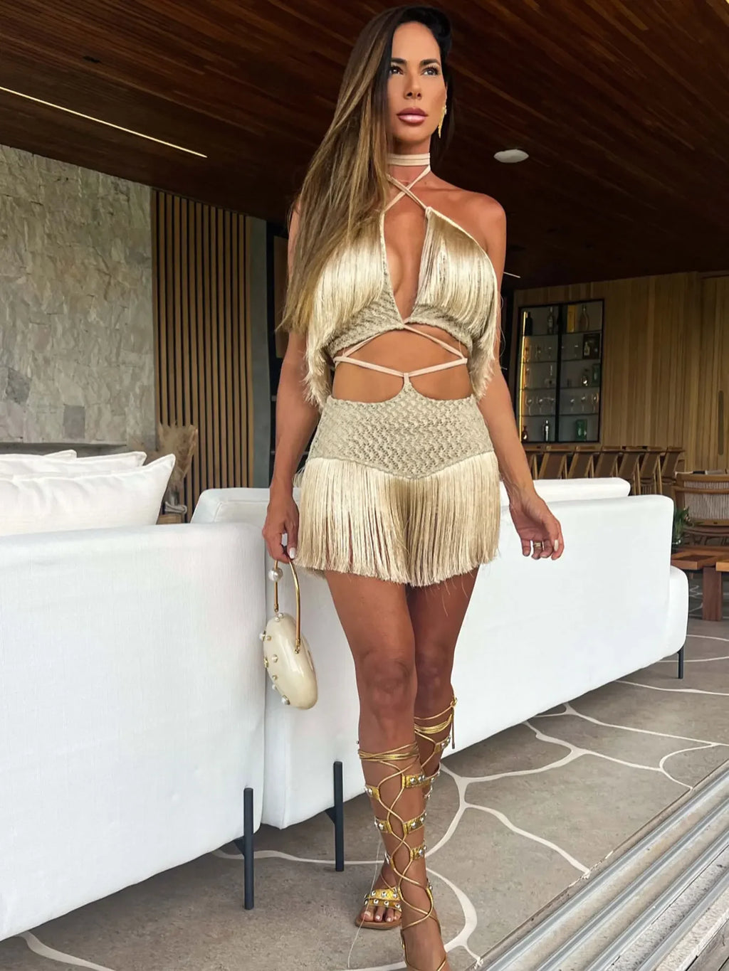 Narraganset Tassel Cut Out Halter Lace Bra Tassel Mini Beach Set