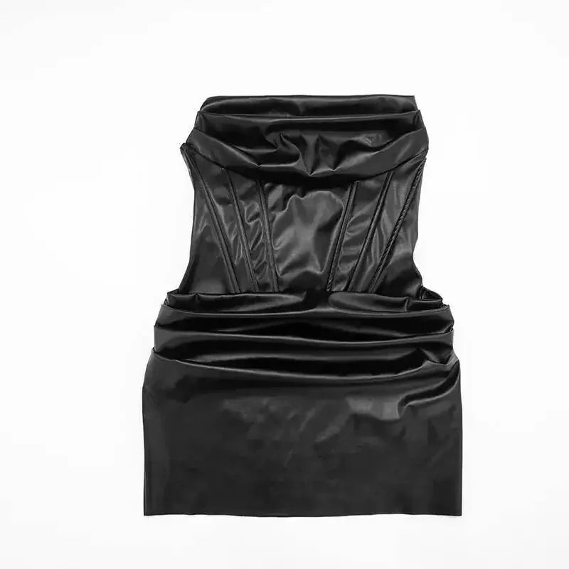 Ronkonkoma PU Pleated Sleeveless Strapless Pleated Party Dress
