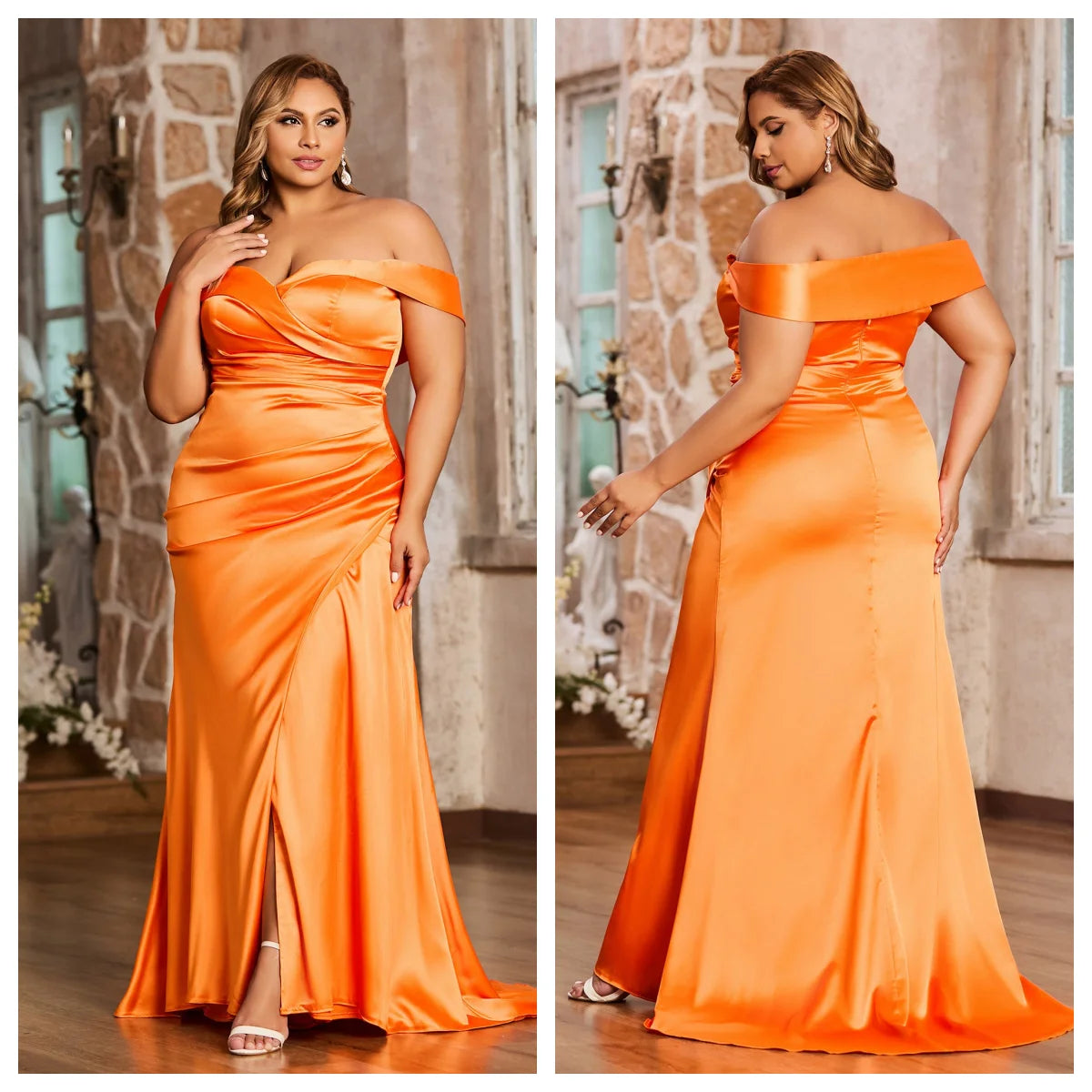 New Haven Plus Size Off Shoulder Ruched Satin Evening High Slit Formal Gown Dress