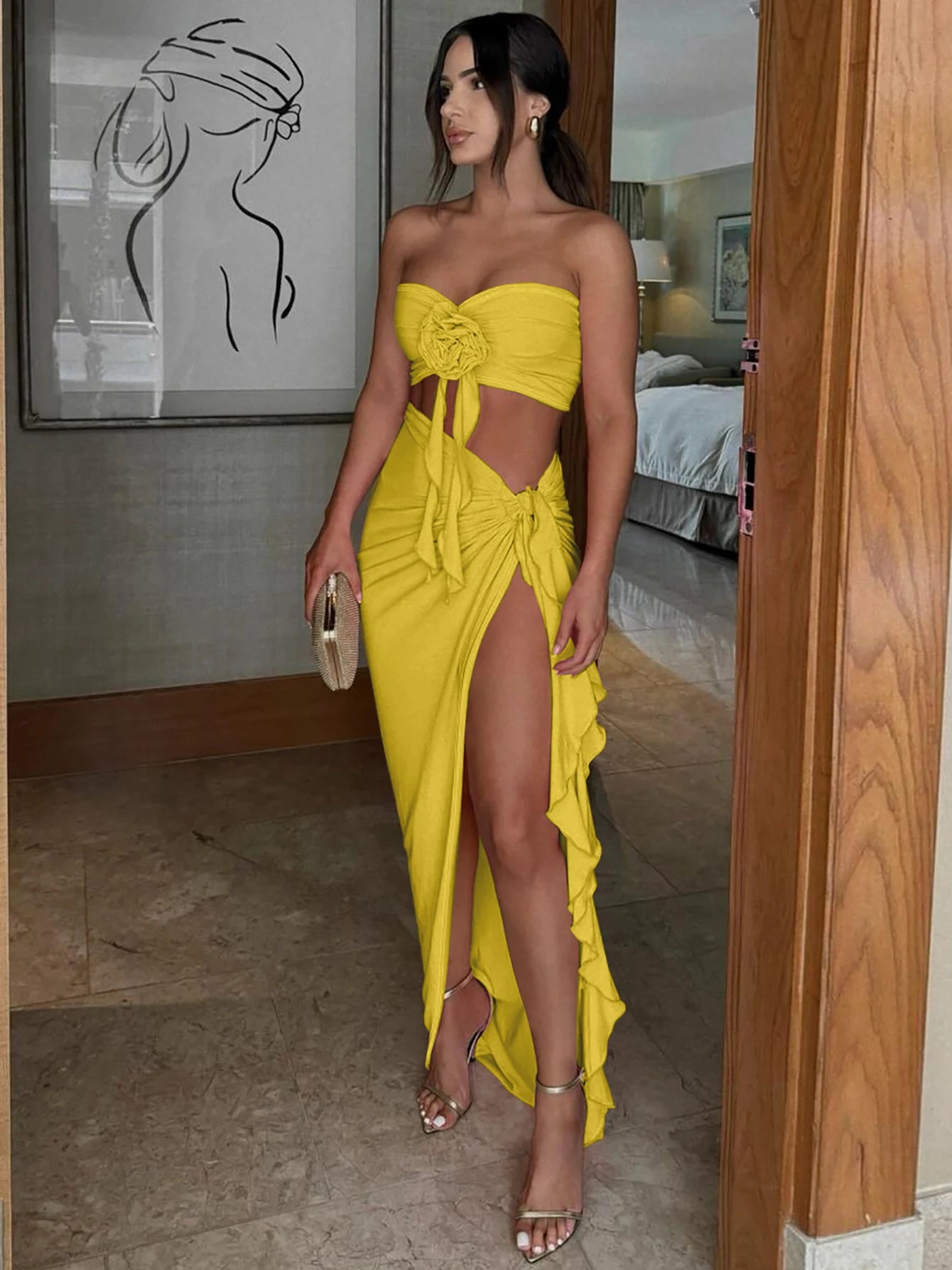 Ogdensburg Strapless Tie Flower Draped Sexy Crop Tank Slit Tassel Set