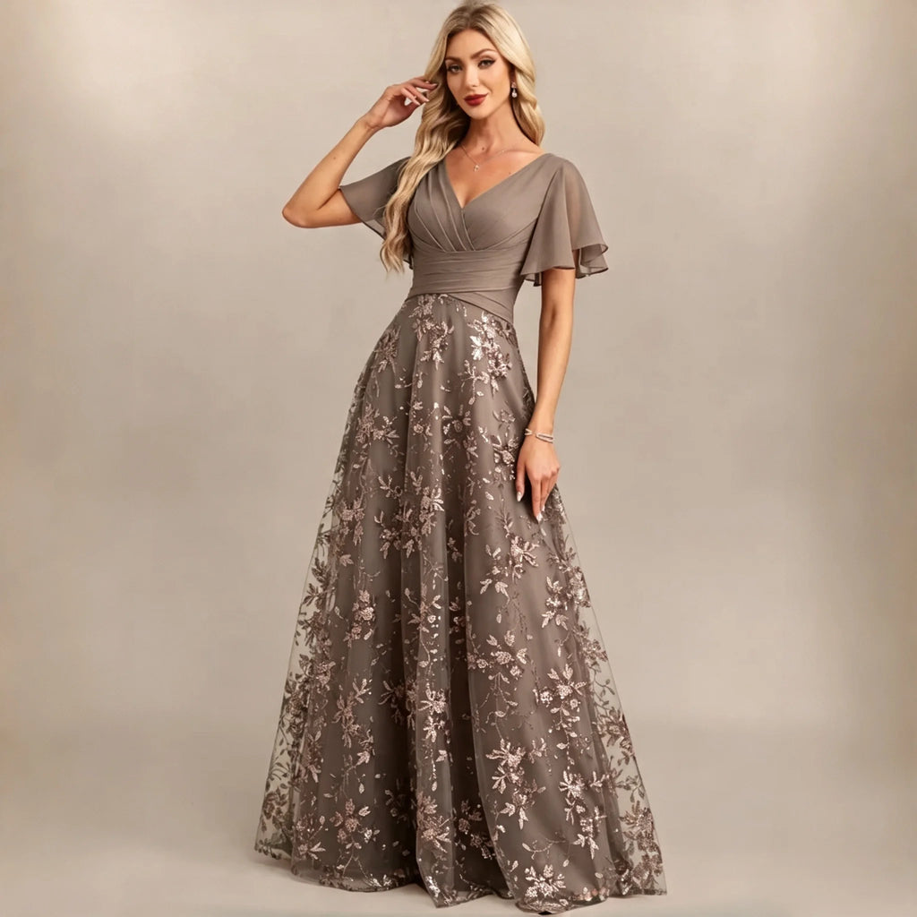 Neiba Dark Green V Neck Chiffon Flutter Sleeve Bridesmaid Ruched Waist Floral Sequin Dress