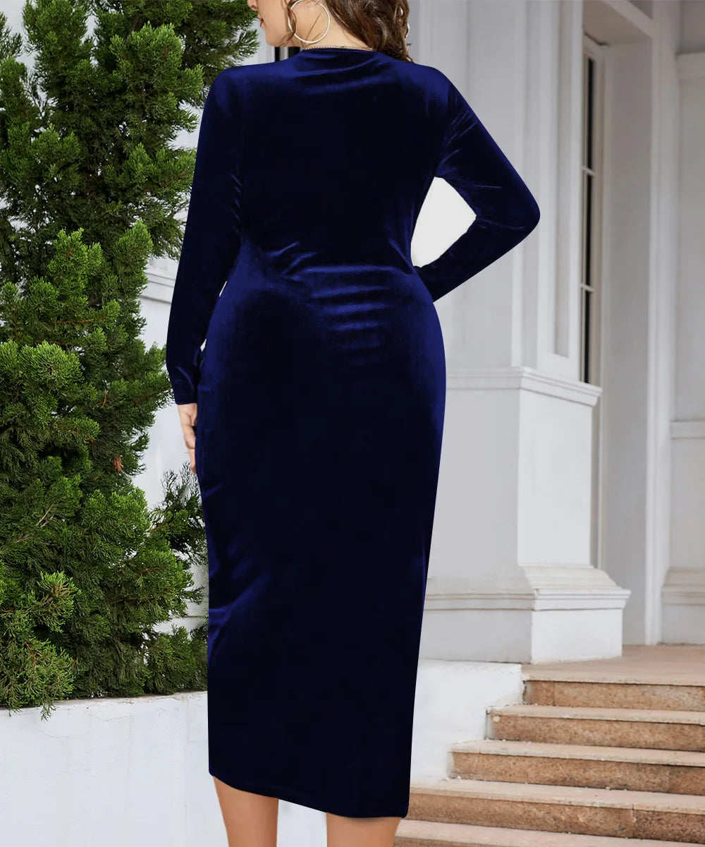 Asbury Park Elegant Velvet Plus Size Bodycon Sexy Wrapped V-Neck Long Sleeve Midi Dress