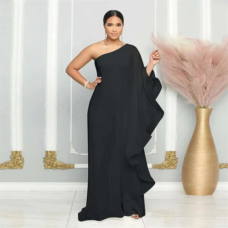 Oldwick Elegant Chiffon One Shoulder Wide Leg Jumpsuit