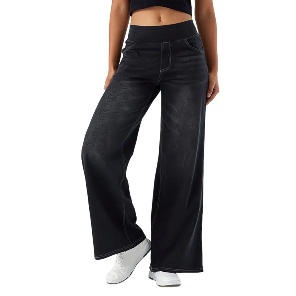 Women Jeans with Pockets Elastic Casual High Waist Wide-leg Jeans Solid Color Full