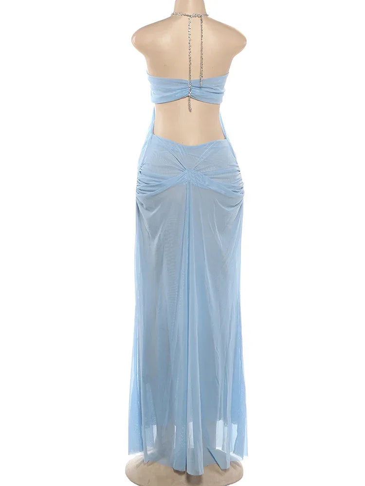 Pine Plains Sexy See Through Luxury Chain Halter Low Neck Backless Dress