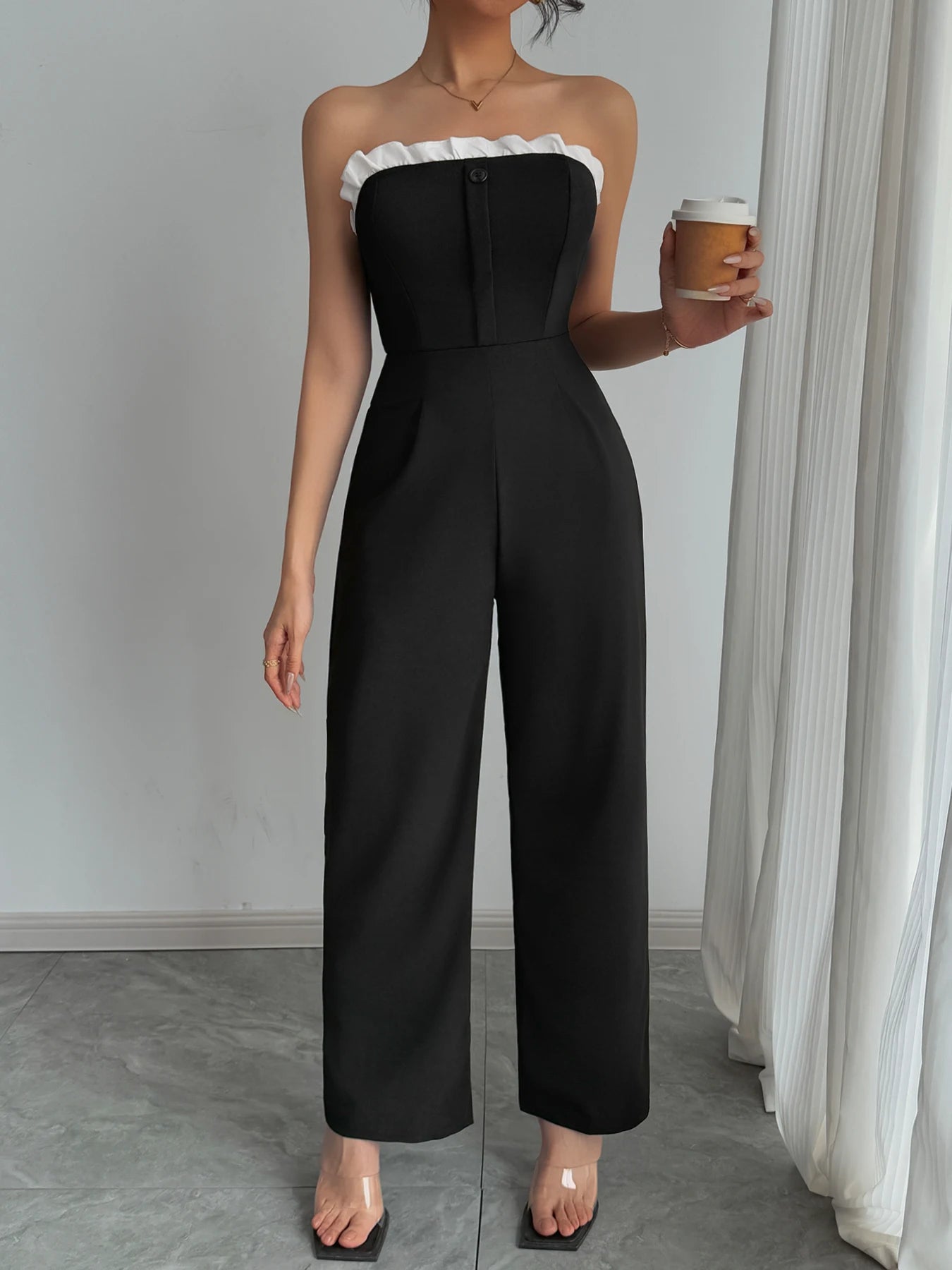 Warren Black Strapless White Ruffle Trim Wide Leg Chic Elegant Jumpsuit