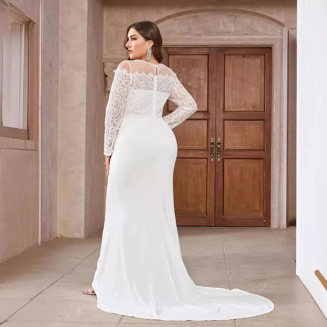 Georgia Plus Size Long Sleeve Lace Train White Wedding Banquet Gown