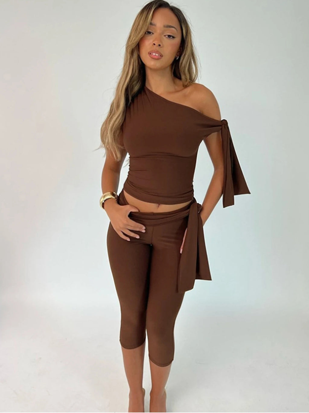 Joana Solid One Shoulder Sleeveless Two Piece Sets