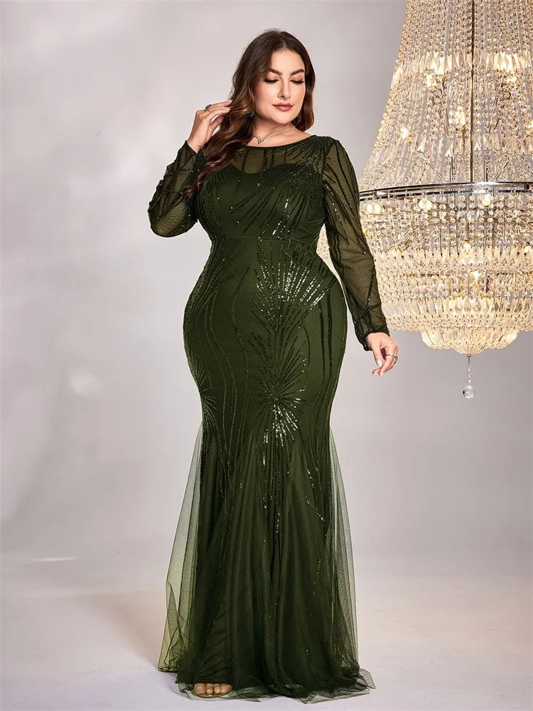 Nigeria Plus Size Elegant Green Long Sleeves Sequin Tulle Evening O Neck Mermaid Dress