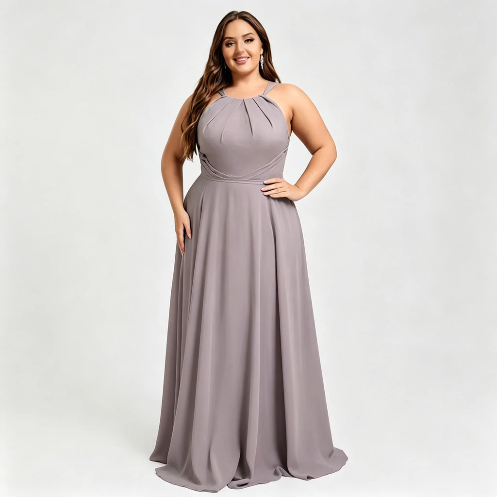 Los Mina Plus Size Halter Chiffon Bridesmaid Spaghetti Straps A Line Maxi Dress