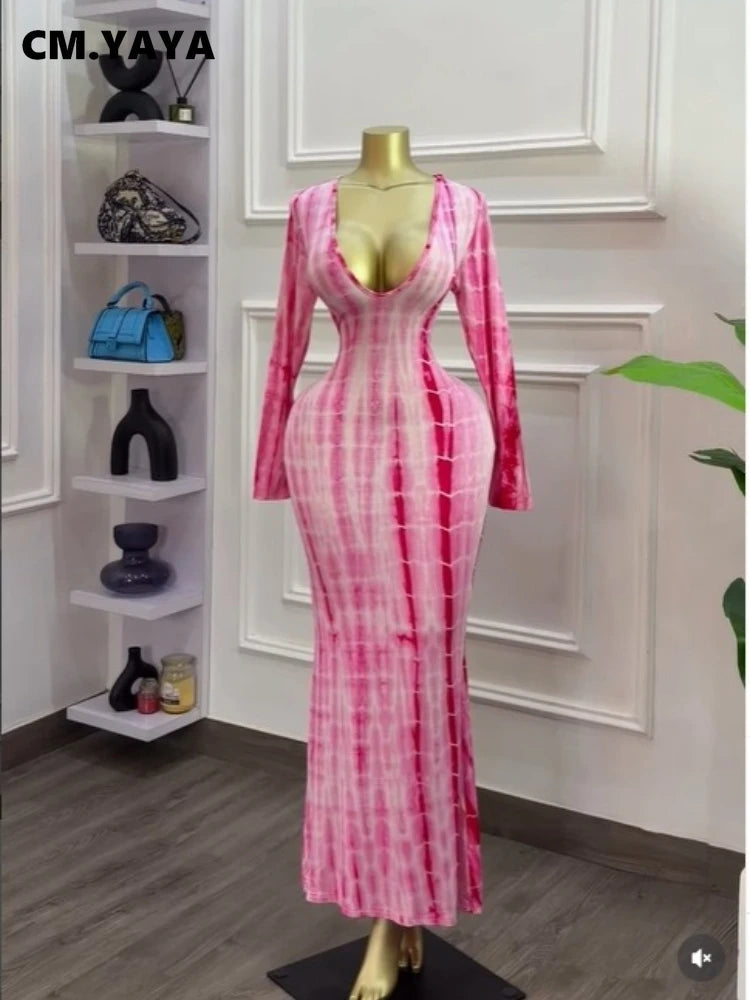 Tie Dye Printed V Neck Long Sleeve Bodycon Maxi Dress