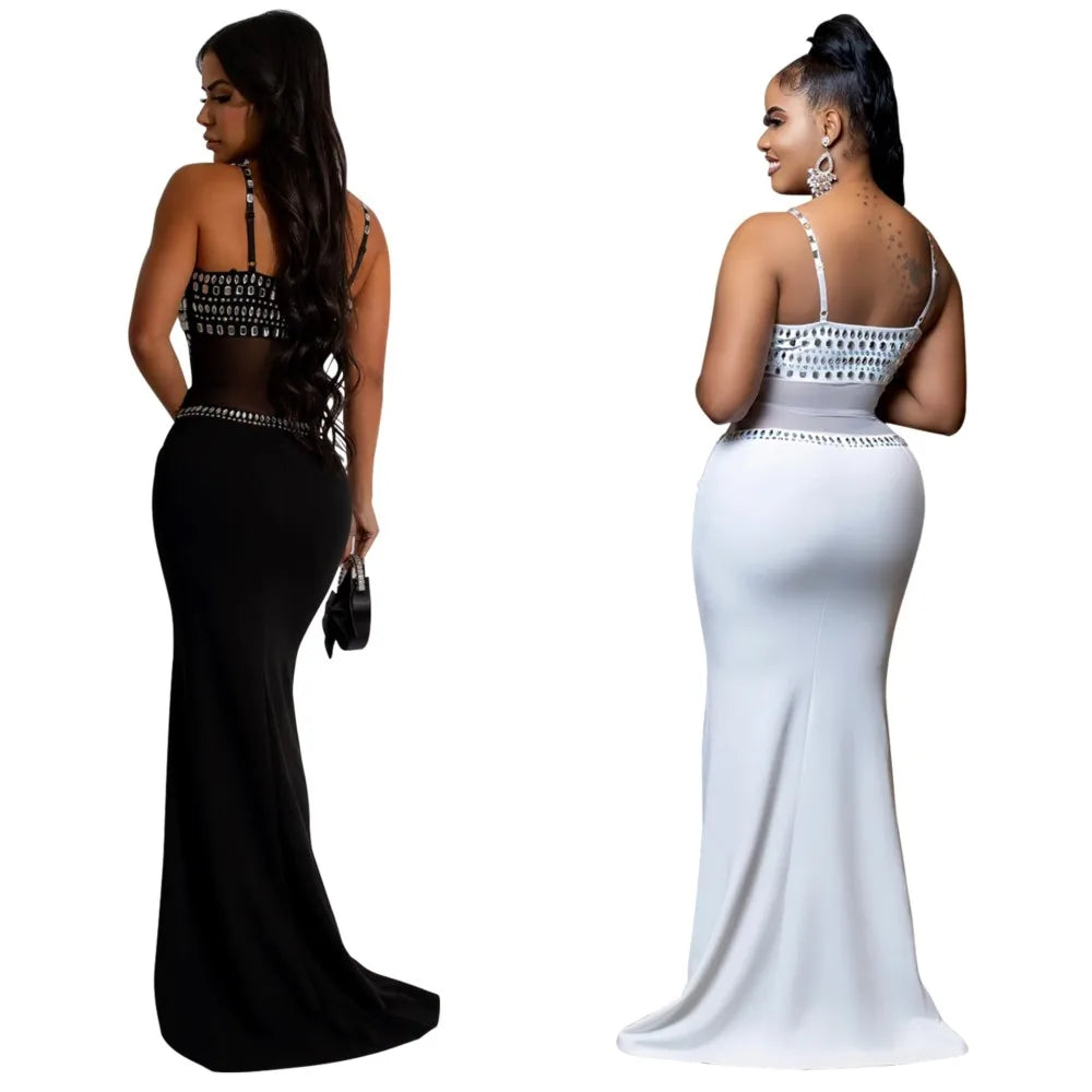 Stamford Diamond Mesh Sexy Transparent Lace Party Elegant Maxi Dress