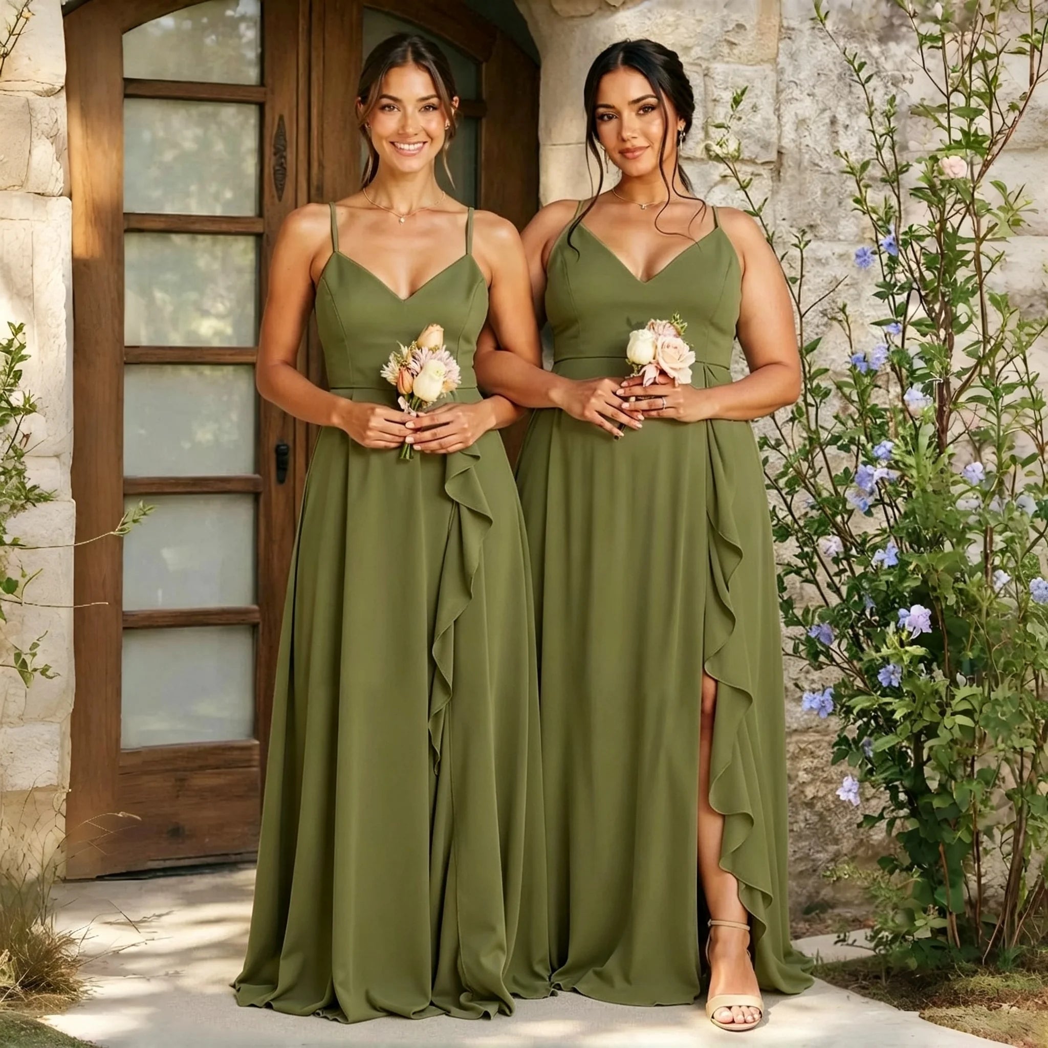 Alma Chiffon Bridesmaid Spaghetti Strap V Neck Cascading Ruffle High Side Slit A Line Dress