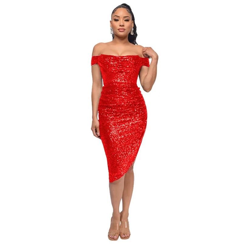 Virginia One Shoulder Bodycon Sparkly High Slit Midi Dresses
