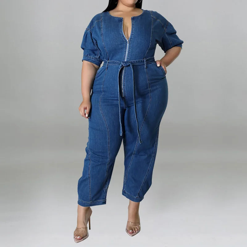 Plus Size Half Zipper Front Belted Jumpsuit Women New Streetwear Puff Sleeve Fashion Washed Jumpsuit