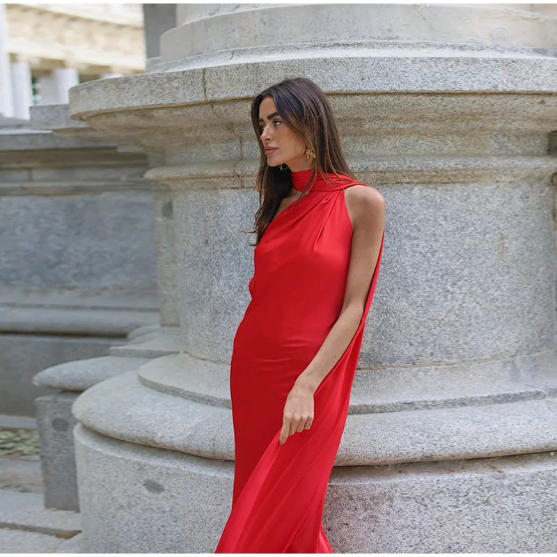 Califon Sexy Satin Ribbon Party Elegant Halter Backless Off Shoulder Sleeveless Maxi Dress