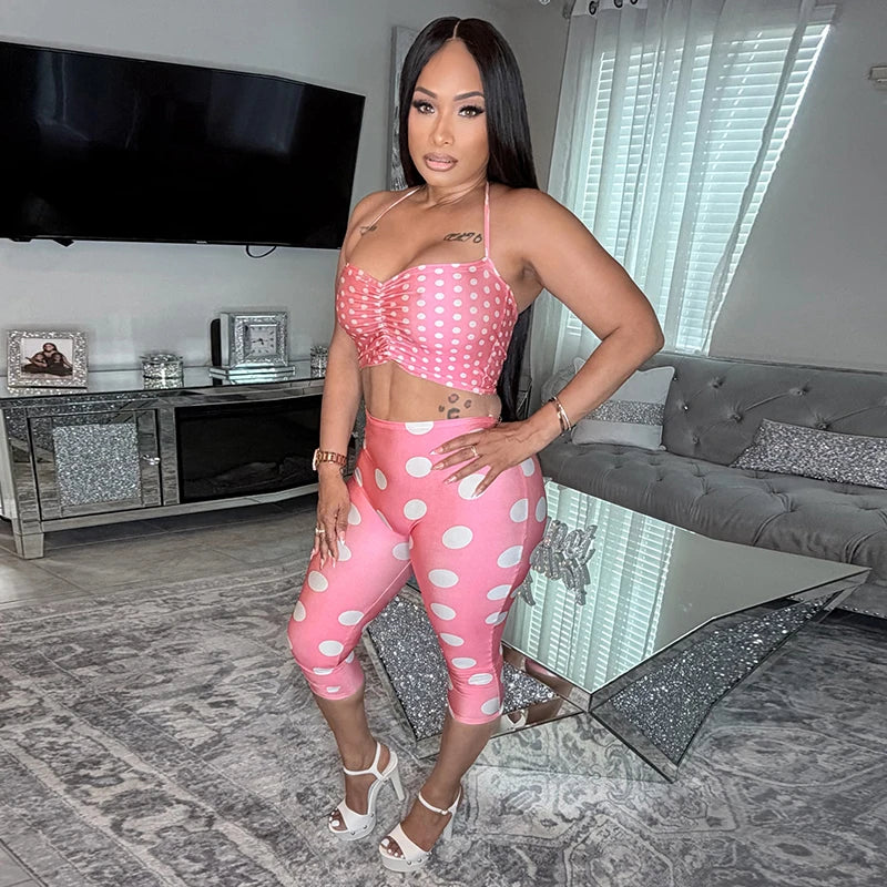 Nikki Polka Print Neck Strap Tight Fitting Three Piece Sets