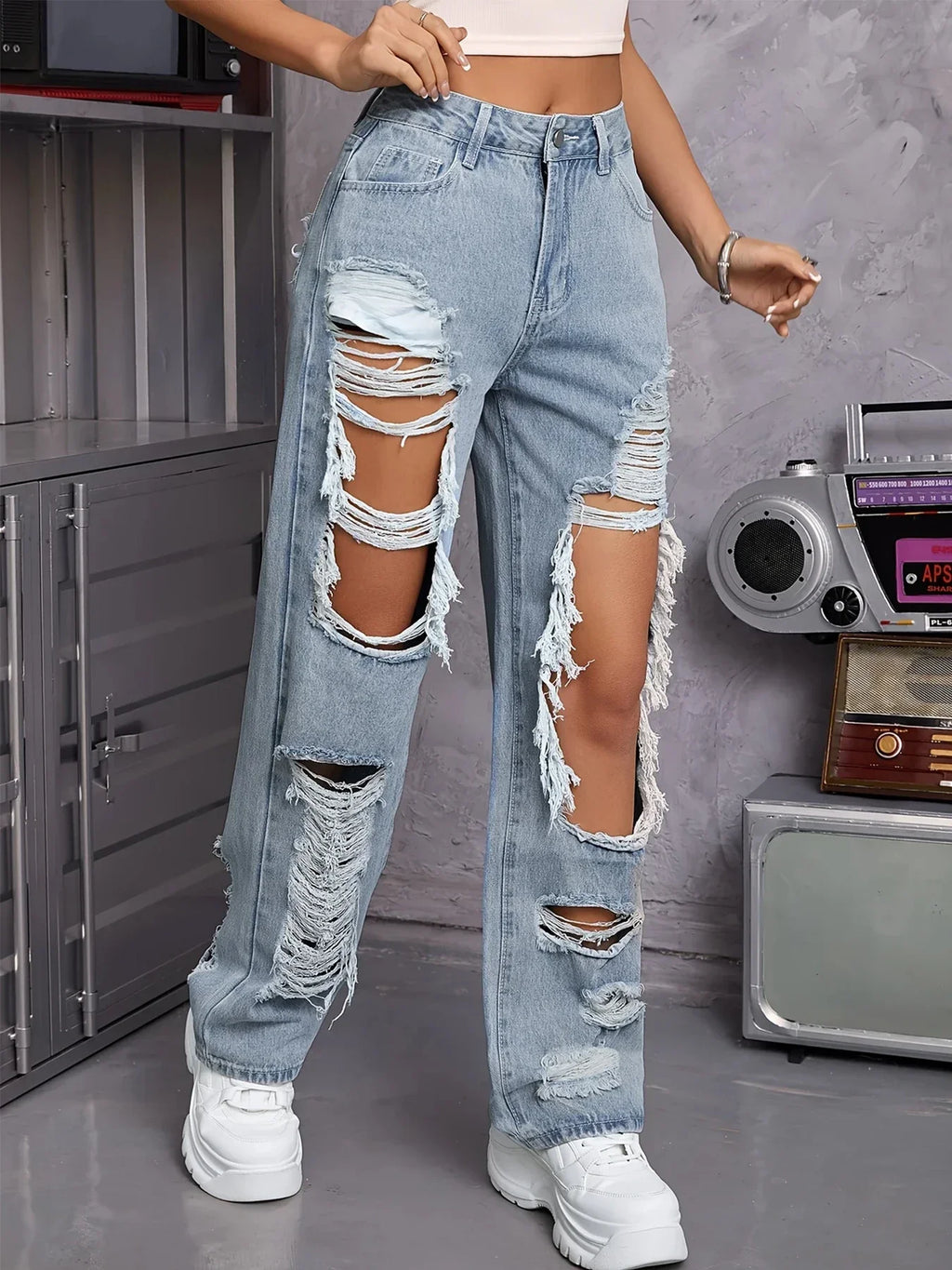 Harvey Cedar Light Washed Ripped High Waist Baggy Straight Leg  Denim