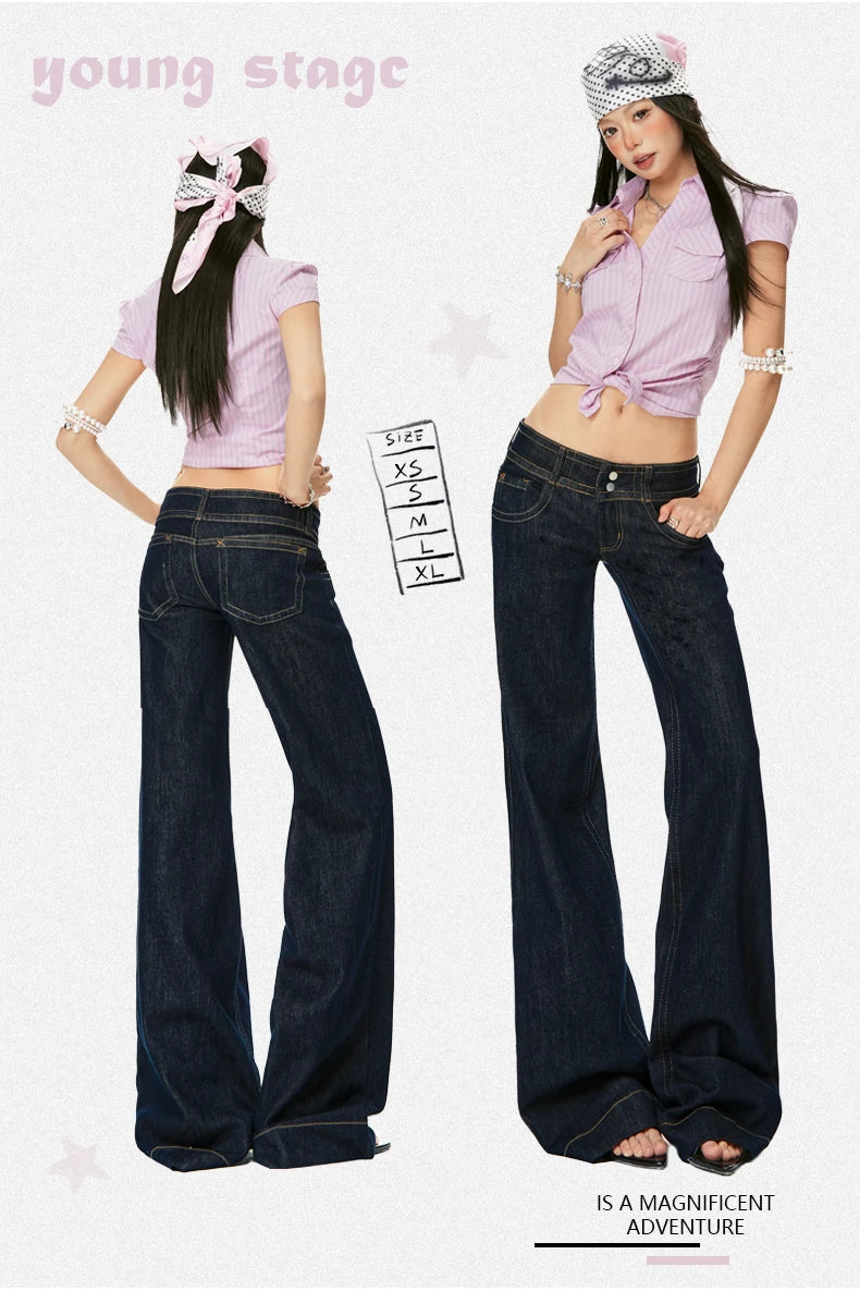 Women Vintage Blue Jeans Hip Hop Fashion Streetwear Y2K Wide Leg Straight
