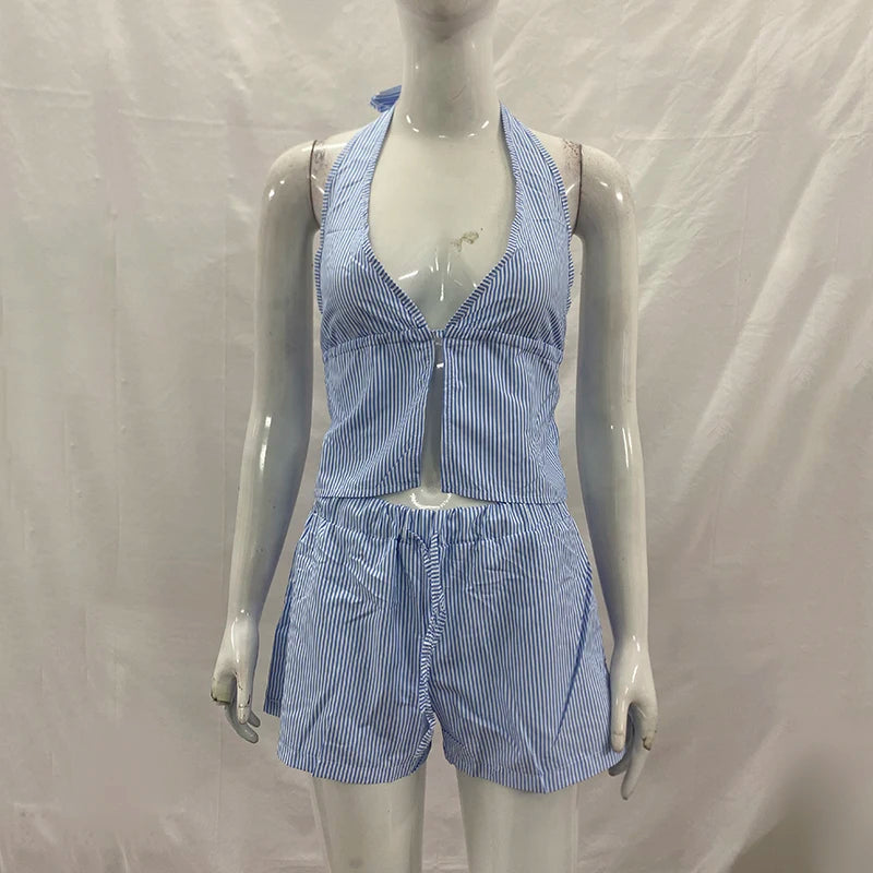 Ployi Lace up Hanging Neck Sleeveless Two Piece Sets