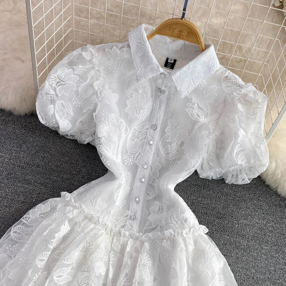 Lyndhurst Vintage Lace Gown Turn Down Collar Puff Sleeve Mini Dress