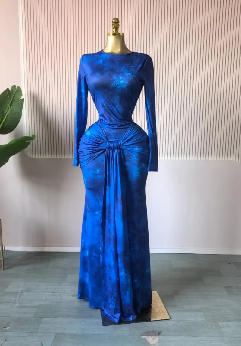 Beattystown Elegant Tie Dye Printed Skew Neck Flare Long Sleeve Ruched Maxi Dress