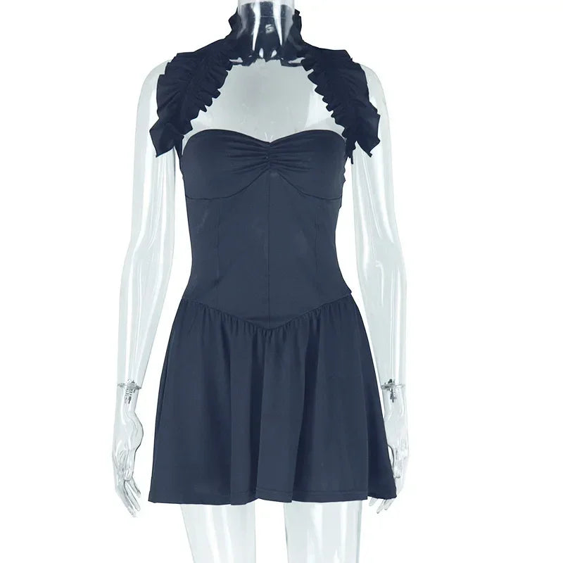 Port Morris Halter Backless Strapless Club Night Party High Waist Pleated Mini Dress