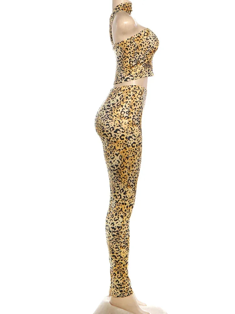 New York Puss Hipster Leopard Halter Chest Wrapped Matching Stretch Slim Set