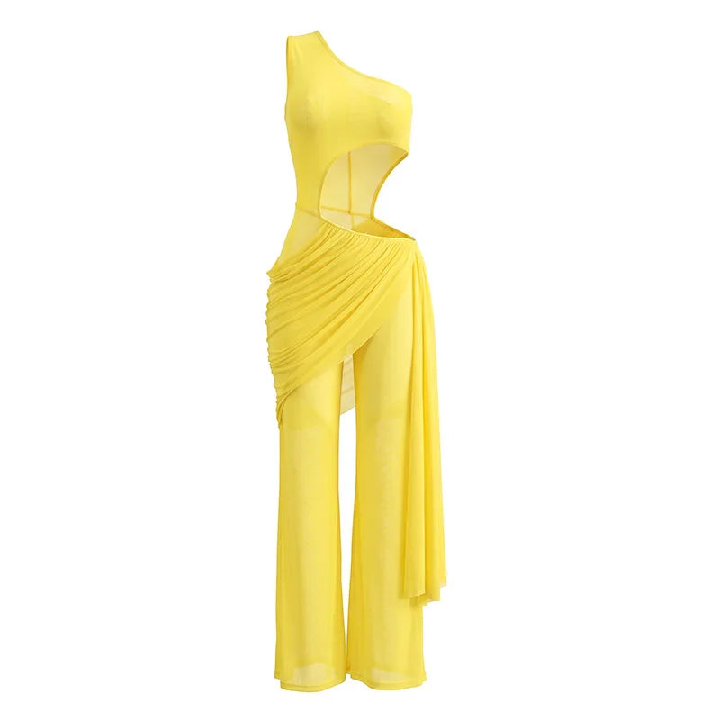 Alabama Mesh See Through One Shoulder Cutout Waist Jumpsuit Draped Overlay