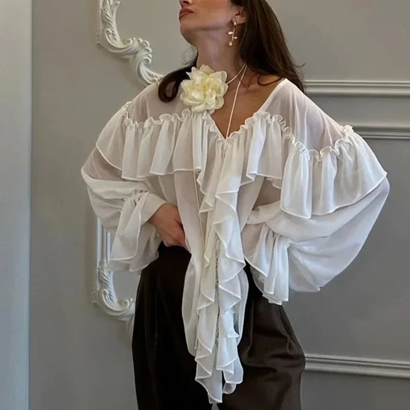 Allentown White Chiffon V-Neck Sexy See Through Shirt Beach Blouse