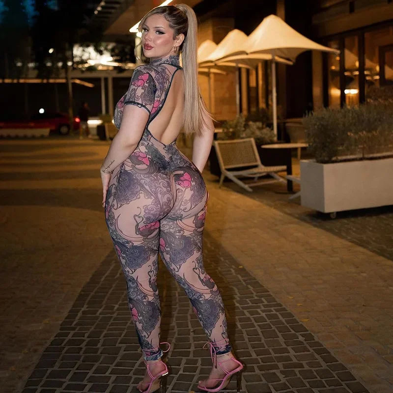 Auburn Hollow Out Playsuits Female Nightout Fashion Mesh Thin Sheer Jumpsuits
