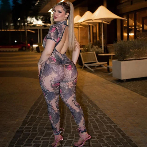 Auburn Hollow Out Playsuits Female Nightout Fashion Mesh Thin Sheer Jumpsuits