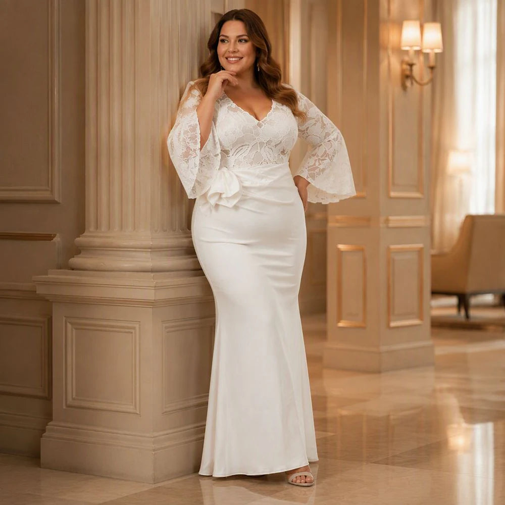 Plus Size Mermaid Sexy Mesh Sheer Embroidery V‑Neck Long Sleeve Slim Fit Maxi Dress