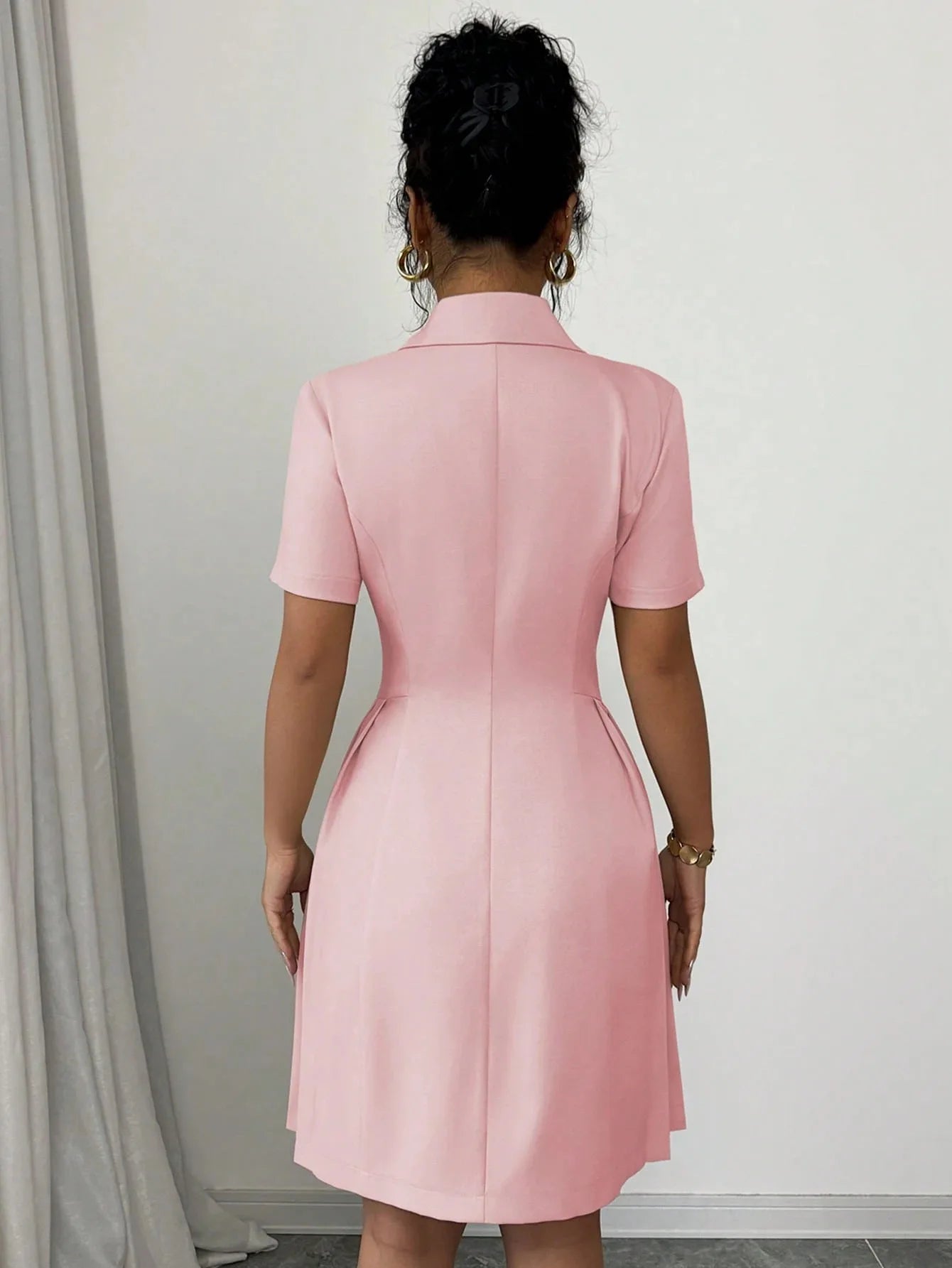 All Ways Solid Color Notched Lapel Double Breasted Short Sleeve Slim Midi Dress
